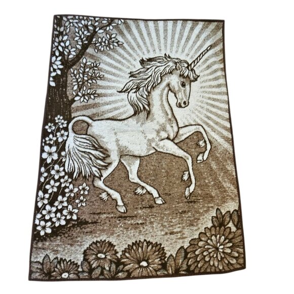 Vintage Cannon Ibena Unicorn Blanket Reversible Brown Soft Made In Greece 57x77" - Picture 1 of 10